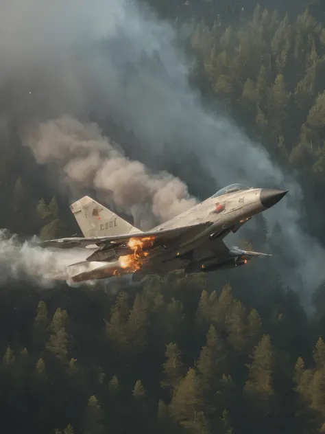 a mig-21 fighter jet, side view, flying high over lush pine forest, morning, burning tail, plane on fire, 1960s, hyperrealistic,...