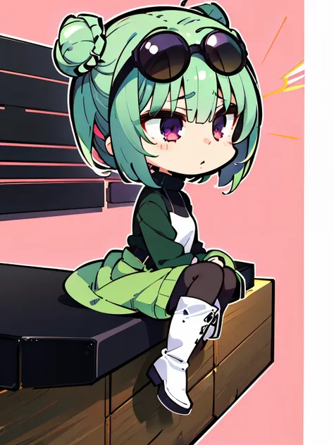 (highres), (best quality), (detailed), (chibi art style)1 girl, alone, medium hair, pastel green hair, twin buns, violet eyes, r...