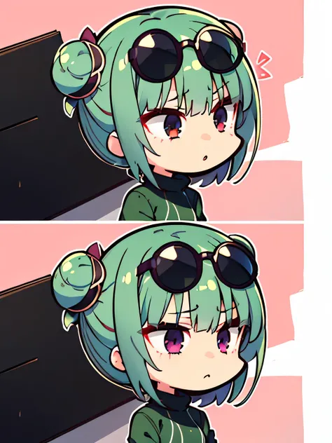 (highres), (best quality), (detailed), (chibi art style)1 girl, alone, medium hair, pastel green hair, twin buns, violet eyes, round black sunglasses on head, black sleeveless turtleneck top, green shorts, dark brown boots