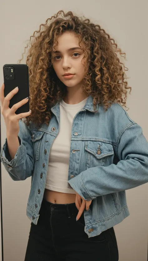 Hiper realistic and natural picture, girl taking a selfie in the mirror, Curly hair, long hair, oversized outfits, oversized aesthetic outfits, Denim jacket and cropped shirt, modest style, natural photo, one smartphone samsung