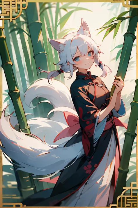 Young women，White hair，More hair，Let your hair down，With bangs，Fox ears，Pink ears，Pink Tail，Big Tail，A tail，Fluffy tail，Light blue eyes，Chinese ancient style clothing，In the bamboo forest，mystery，beauty，Long fluttering hair，Anime style，Chinese style，White ...