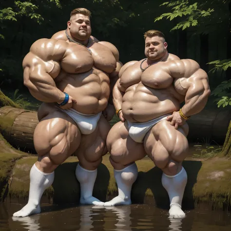 full view full body, 2 different blond European male bodybuilders with undercut cut, extremely bloated and swollen with muscle and fat like two big and fat obese pigs force-fed, their over-inflated muscles resembling buoys, there are a lot of gold rings, b...