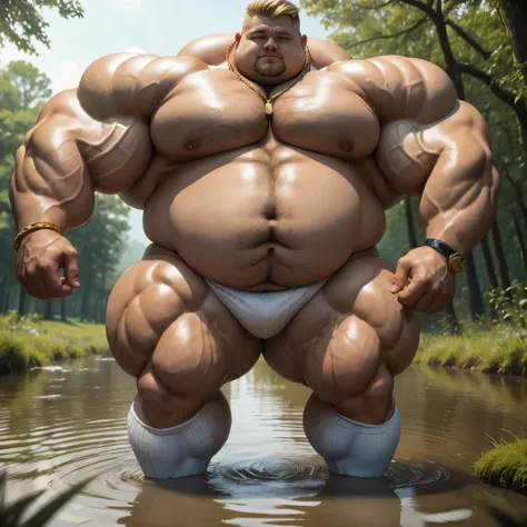 full view full body, 2 different blond European male bodybuilders with undercut cut, extremely bloated and swollen with muscle and fat like two big and fat obese pigs force-fed, their over-inflated muscles resembling buoys, there are a lot of gold rings, b...