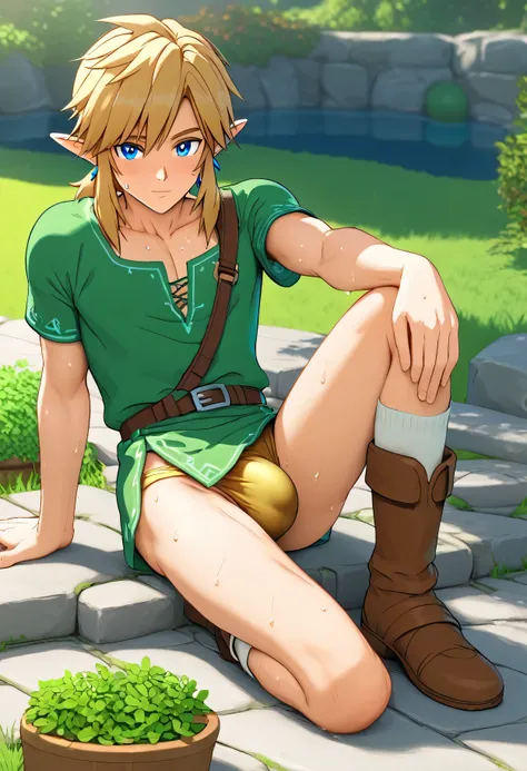 (Masterpiece), (Best Quality), ((Highly Detailed)), Link from botw, medium hair, blonde hair, blue eyes, blue earrings, full body, sexy, gardener, sweats, sweat all over the body, horny, big bulge in the crotch, 4k, 8k, anime style