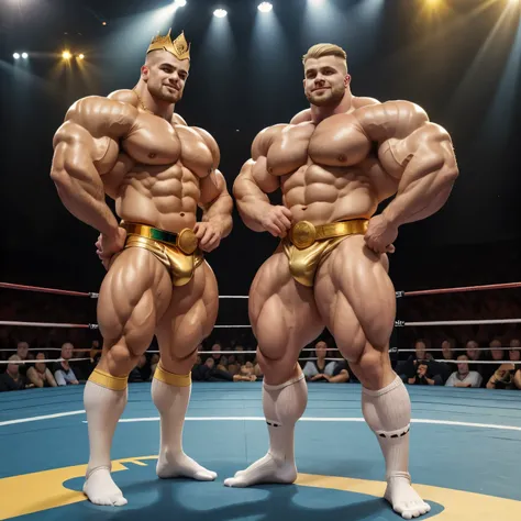 full view, full length body, on ring , one 25 yo grown over-muscular bodybuilded white european blonde male with clean undercut haircut, wearing a gold crown and huge champion gold belt, golden lycra socks, showing proudly arrogantly himself on wrestling r...