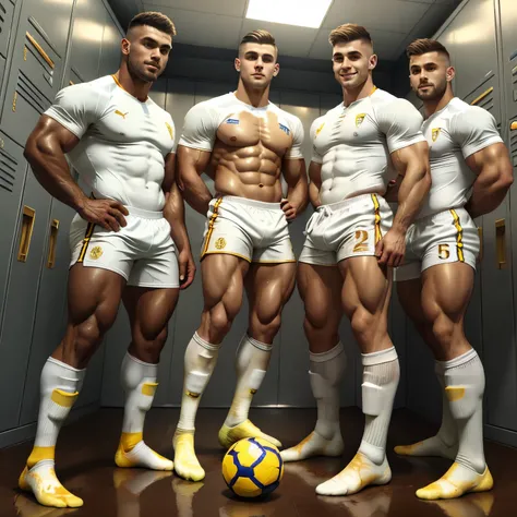 full view full body, one Handsome white european young soccer boy with fresh clean undercut light-brown haircut, muscular, wearing full white soceer suit, golden metal cleats, socks, jersey and lycra soccer sport shorts, coming into filthy locker room with...