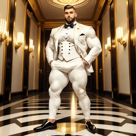 full view, full body, one over-muscular over-bodybuilded handsome white european guy with light-brown undercut haircut, very thin beard, ,no moustache, wearing white lycra full-suit looking like a tuxedo with black bow tie, black silky lycra socks and blac...