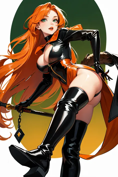 long orange hair, green eyes, large cleavage, red lipstick, black latex boots