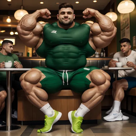 full view full body, A white bodybuilder male with undercut light-brown haircut, eating protein powder in bowl, is wearing a tight lycra dark-green shirt and dark-green lycra shorts, green lycra socks and white Nike air max trainers, flexing his over-Muscu...