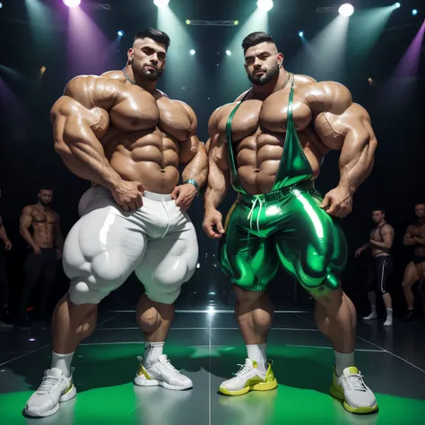 full body view, the 2 biggest heaviest hyper-massive over-muscular bodybuilded different white european males with hype styled undercut haircuts, facial piercings. intense neverending bigger muscle excessively growth . Dancing in disco party in latex shiny...