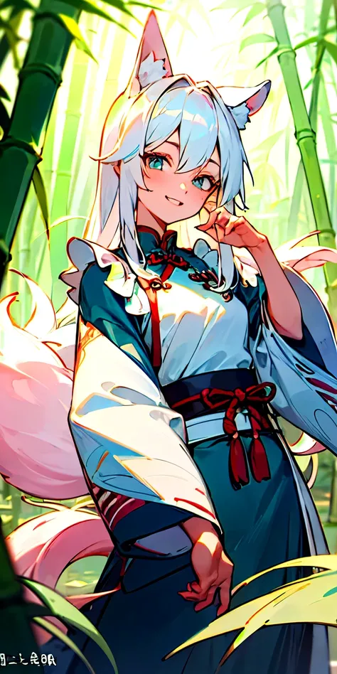 (masterpiece, best quality), Young maid ，White hair，More hair，Let your hair down，With bangs，Fox ears，Pink ears，Pink Tail，Big Tail，A tail，Fluffy tail，Light blue eyes，Chinese ancient style clothing，In the bamboo forest，mystery，beauty，Long fluttering hair，Ani...