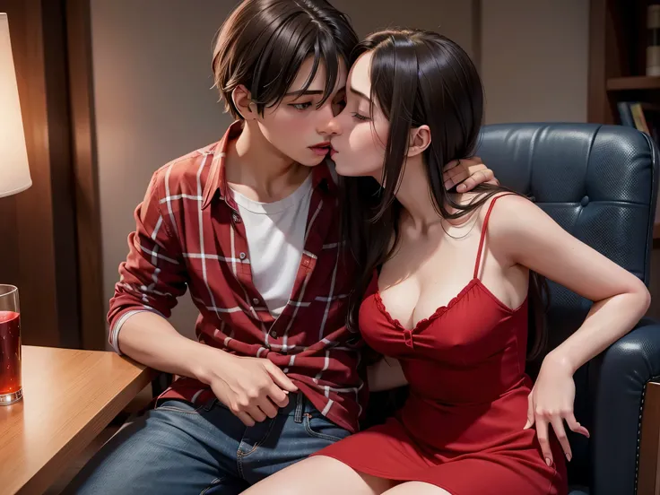 Young sexy girl wearing a red dress sitting on lap of young boy wearing a red and black flannel shirt and jeans who is sitting on a chair, kissing, making out, passionately, dim lighting, sexy, hot, lustful