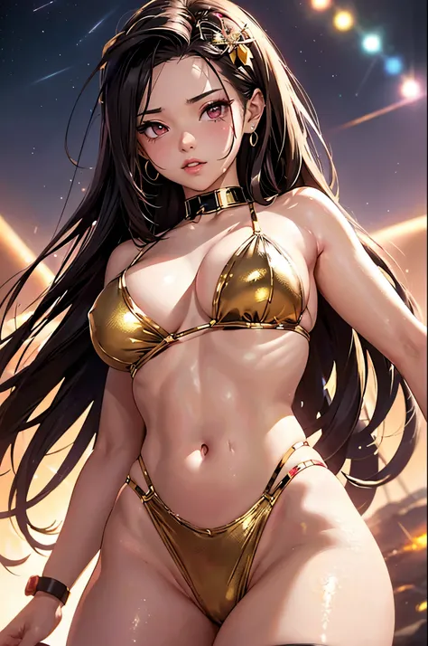 ((Nezuko Komado)), (shiny skin), metallic gold bikini, huge breasts, thick thighs, thigh highs, beautiful face, sexy pose, red moon in the background, stars, space, (lightroom:1.13), soft light, (natural skin texture:1.2), (hyperrealism:1.2), sharp focus, ...