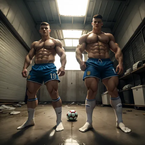 full body view, two Teen european white boys with clean shaved undercut haircuts, crying in a cage, wearing soccer jerseys, soccer shorts, in their white filthy soccer socks, no shoes, in a huge dark room looking like an abandoned garage, showing off their...