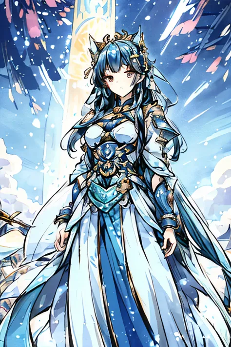 a close up of a young woman with long hair in a battlemage blue and white armour, lots of veils decorations, standing with the sun behind her, full portrait of elementalist, beautiful celestial mage, traditional japanesse art, full portrait of magical knig...