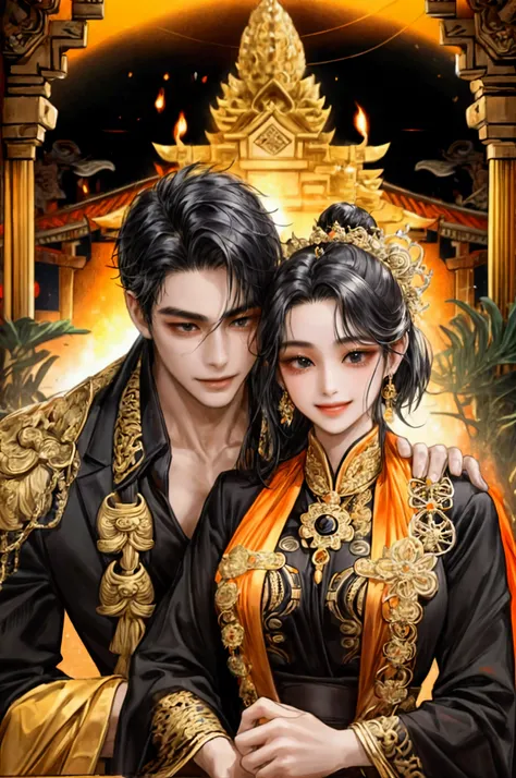 Couple, black hair, bali attire, masterpiece, best quality, realistic, smile and charming, 29 years old, black eyes, serious, extremely detailed face, smile,((black hair)), , orange suit, bali temple, accurate, detailed