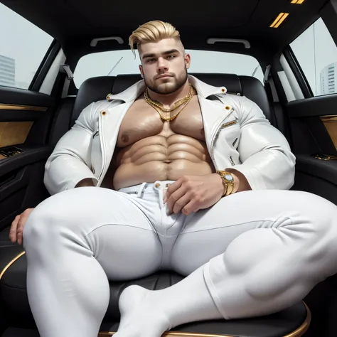 full view fat arrogant 30 years groomed rich boy with blond undercut preppy haircut, shaved, in white luxury GrosPD logo socks, black long loose fashion jeans , white dapper shirt, black biker jacket with lots of golden pins, dozens of golden and diamond r...