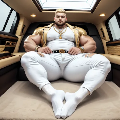 full view fat arrogant 30 years groomed rich boy with blond undercut preppy haircut, shaved, in white luxury GrosPD logo socks, black long loose fashion jeans , white dapper shirt, black biker jacket with lots of golden pins, dozens of golden and diamond r...