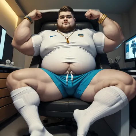 Photographic full body , morbidly obese young white guy gamer with brown undercut haircut, in white Nike long socks pulled up white shiny basketball shorts and jerseys, golden rings, necklaces, bracelets, attractive, with massive belly, slumped in his spac...