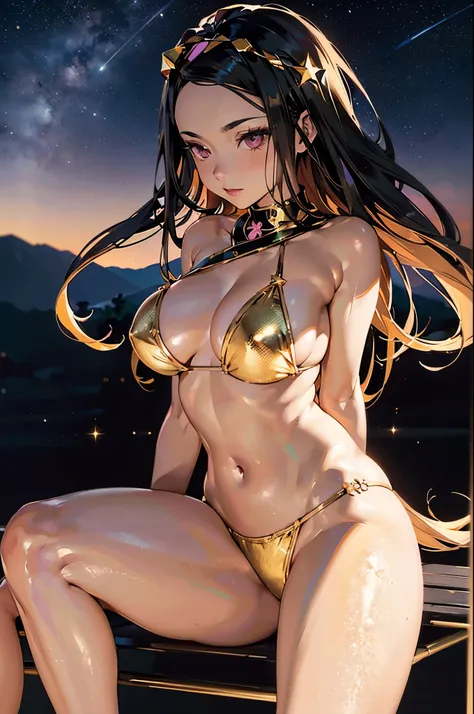 ((Nezuko Komado)), (shiny skin), metallic gold bikini, huge breasts, thick thighs, thigh highs, beautiful face, sexy pose, red moon in the background, stars, space, (lightroom:1.13), soft light, (natural skin texture:1.2), (hyperrealism:1.2), sharp focus, ...