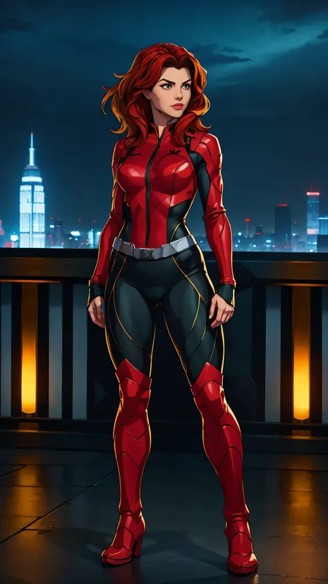 ((Full body photo, standing, feet on the ground)) (Best Quality, 4k, 8k, High resolution, masterpiece: 1,2), ultra detailed, fishnet stockings, (realist, photorealist, photorealist: 1, 37), Full body photo, Rogue, X-men, yellow high boots, beauty pose, sta...