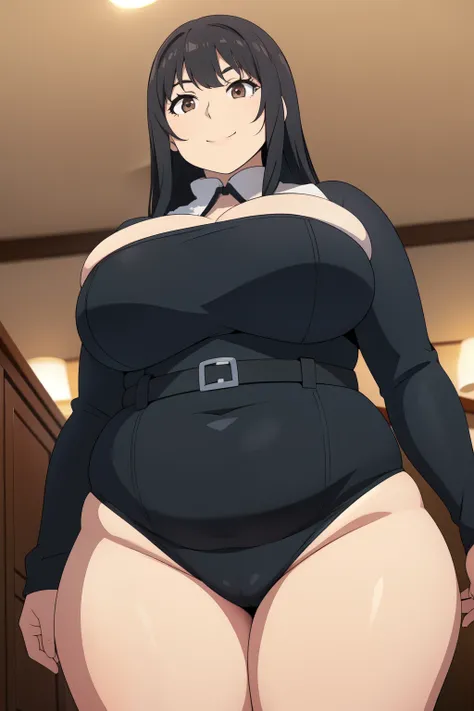 Plump year 21 big breasts black hair brown eyes chubby smile bear girl black leotard longer hair seen from below 