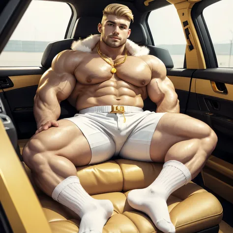 full body, large view, one chubby dapper light blond undercut preppy haircut guy wearing golden nylon LV socks, shoes off, LV white shorts, lots of golden chains, golden necklaces, golden rings, golden watch, huge golden nose ring, white fur coat, lying in...