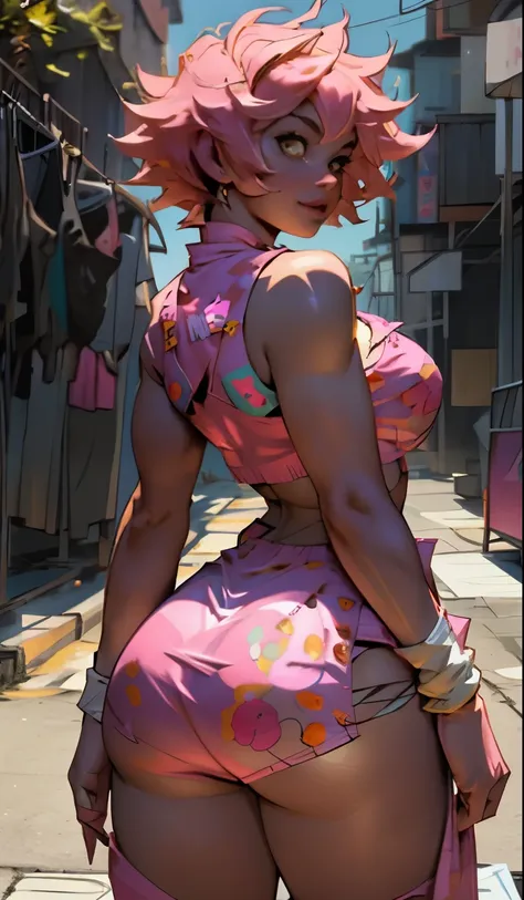 my hero academia, mina_Ashido, (((1 girl))), voluptuous, ((Pink_body hair, Pink skin, yellow_eyeballs)), ((highly detailded face))), big fit ass_breastsout, wide hips, insanely detailded accentuated big booty, Beautiful legs, well-toned body, great aesthet...