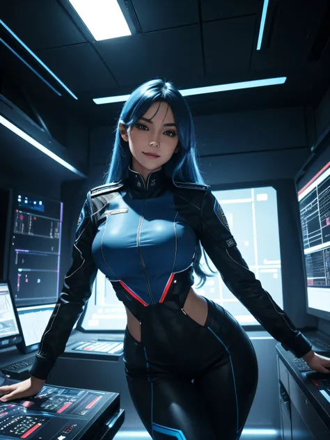  highly detailed, 8k resolution, masterpiece, one girl, blue_hair_tubes, wearing a sleek officers uniform that hugs her curves, a serious expression with a playful twist, as if shes trying to look stern but cant help but smile, smirking lips, (ideal_Face),...