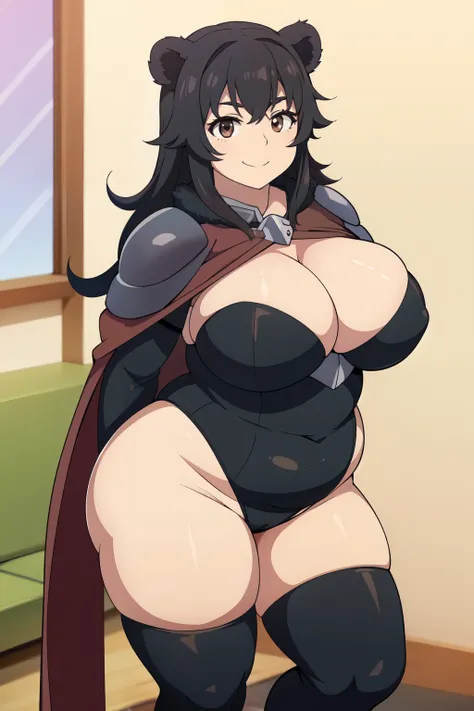 Plump year 21 big breasts black hair brown eyes chubby smile bear girl black leotard longer hair future armor leotard 