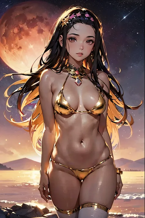 ((Nezuko Komado)), (shiny skin), metallic gold bikini, huge breasts, thick thighs, thigh highs, beautiful face, sexy pose, red moon in the background, stars, space, (lightroom:1.13), soft light, (natural skin texture:1.2), (hyperrealism:1.2), sharp focus, ...