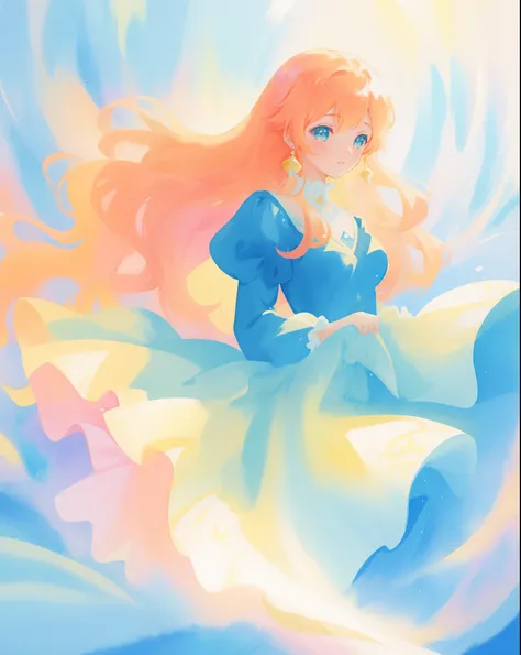 beautiful girl in a gradient blue princess ballgown with puffy long sleeves, long flowing gold peach hair, liquid theme, colorful fantasia background, watercolor illustration, disney art style, beautiful digital illustration, beautiful, masterpiece, best q...