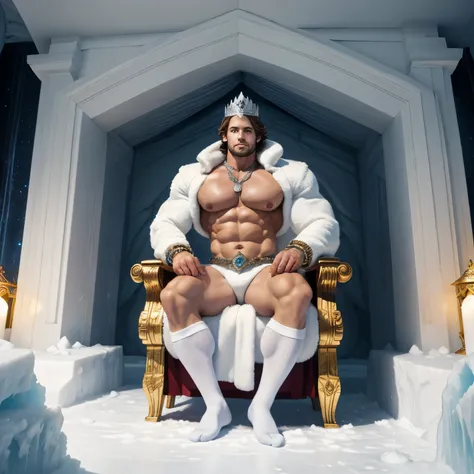 full body, handsome very muscular young bodybuilded white King of Antartica, short light-brown hair, ice-blue eyes, square jaw, wearing diamond crown, white fur coat,white leather pants, dozens of diamond rings, necklaces, bracelets, earings, white sheer g...