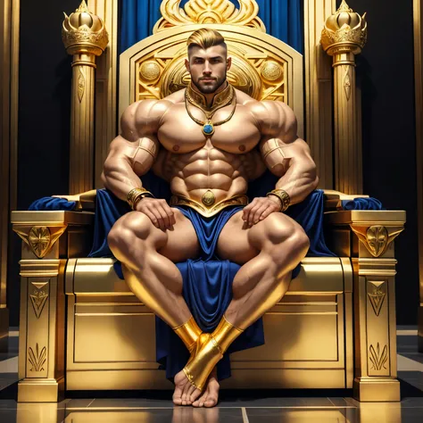 full body view, a muscular white european over-bodybuilded but looking fragile handsome man with undercut clean haircut of his brown with gold blonde streaks haircut, golden socks, indigo and gold neo-byzantine futuristic tight silky fullsuit, no shoes, go...