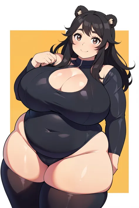 Plump year 21 big breasts black hair brown eyes chubby smile bear girl black leotard longer hair