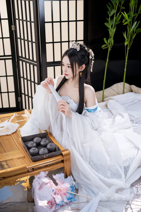 there is a woman in a white dress sitting on a bed, white hanfu, palace ， a girl in hanfu, hanfu, wearing ancient chinese clothes, with acient chinese clothes, a beautiful fantasy empress, chinese fantasy, xianxia fantasy, chinese costume, full body xianxi...