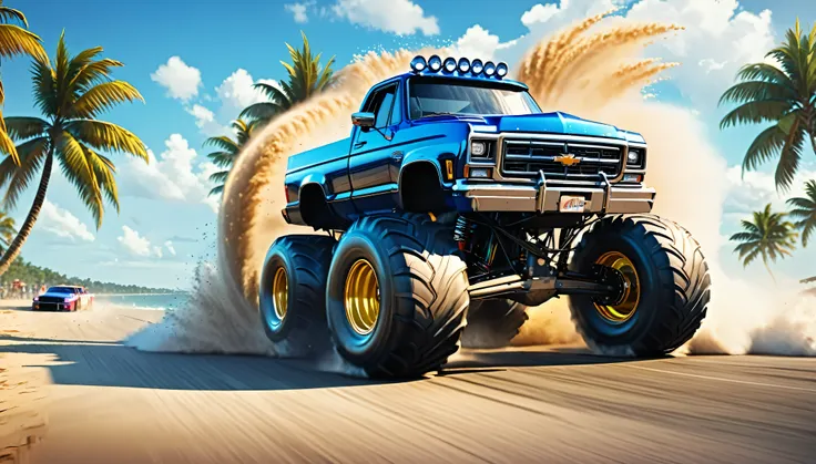 monster truck chasing, truck, huge tires, street racing, realistic style, 24k resolution, highly detailed, beach background