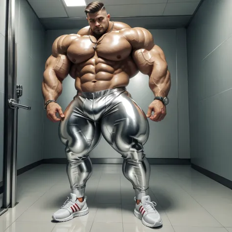 full view full body, one handsome over-muscular white young bodybuilded male with hyper-stylished undercut light-brown short haircut, with over-inflated and over-bloated shoulders, double-biceps, monstruous pecs and abs, wearing metalic silver shiny jumpsu...