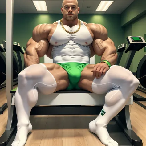 full view, full body, one handsome young artificially tanned white bald over-muscular man in white socks, shirtless wearing neon-green lycra leggings and white sheer socks, no shoes, gold chains, bracelets, rings, arrogantly sitting on bench in his white s...