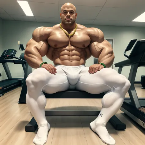 full view, full body, one handsome young artificially tanned white bald over-muscular man in white sheer socks, shirtless,  wearing neon-green lycra leggings and white sheer socks, no shoes, gold chains, bracelets, rings, arrogantly sitting on bench in his...