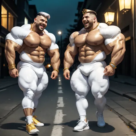 full view, full body, two over-muscular over-bodybuilded white european drunk males with hyper-clean undercut haircuts, wearing white lycra jumpsuits and white lycra socks, hype-fashioned chunky hi-top sneakers and golden glittering crowns, golden rings, b...