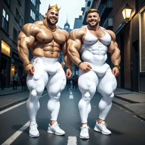 full view, full body, two over-muscular over-bodybuilded white european drunk males with hyper-clean undercut haircuts, wearing white lycra jumpsuits and white lycra socks, hype-fashioned chunky hi-top sneakers and golden glittering crowns, golden rings, b...