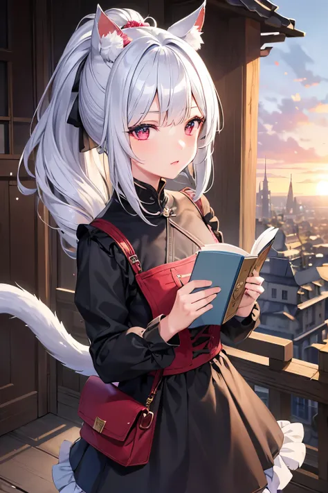 One girl, solo, Textured skin, Very detailed, ponytail, Silver Hair, Cat ear, Blue eyes, Red eyes, Odd Eye, Character portrait, Show in Landscape, Aperture F2.8, Hair Flower, Landscape, reading, FF14, Micotte, clothing, Traveler&#39;s Clothes
