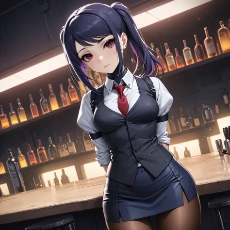 8k, arms behind back, slim figure, flat bust, sparkling red eyes, Light blue eyelashes, high-heels, dark skirt, seductiv, Charming, small tit, jill stingray, necktie, pantyhose, skirt, vest, white shirt, cyberpunk styled bar, masterpiece