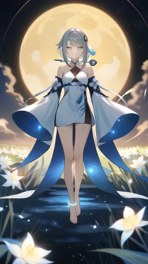 1girl, guizhong_(genshin_impact),light grey hair,short_hair_with_long_locks,starry_sky_print,detached_sleeves, long sleeves_past_fingers,hanfu,illustrated by matsuryuu and agahari and dsmile,pale blue eyes,stunning field of softly glowing blue and white gl...