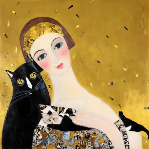 painting of a woman with a cat on her shoulder, woman and cat, klimt and nixeu, inspired by Kahlo, inspired by Leo and Diane Dillon, whimsical art, inspired by Leonid Pasternak, inspired by Gerda Wegener, inspired by Margaret Keane, inspired by Gustav Klim...