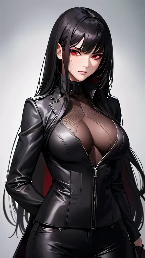 Highest quality, Ultra-high resolution,Adult women, alone, sexy, (Stern face), (Red eyes), Beautiful face in every detail,(High resolution detail of human skin texture), (Black irregular long hair), Black coat,Suit pants,A mercenary woman,（have a gun in ha...