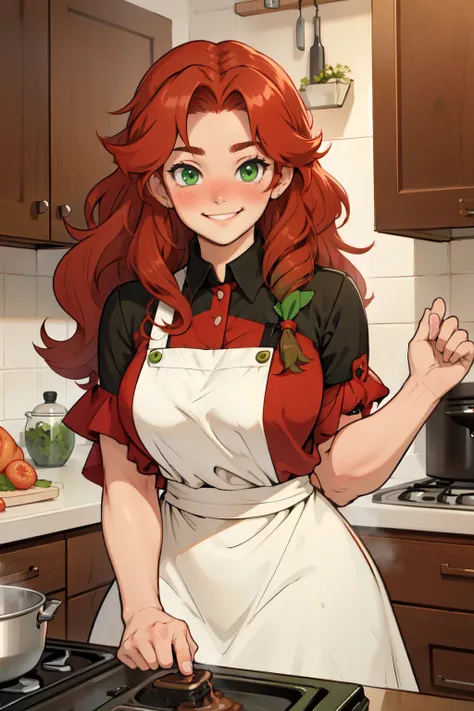 girl redhead green eyes wavy hair curly hair voluminous hair joyful kitchen large breasts thick blush 