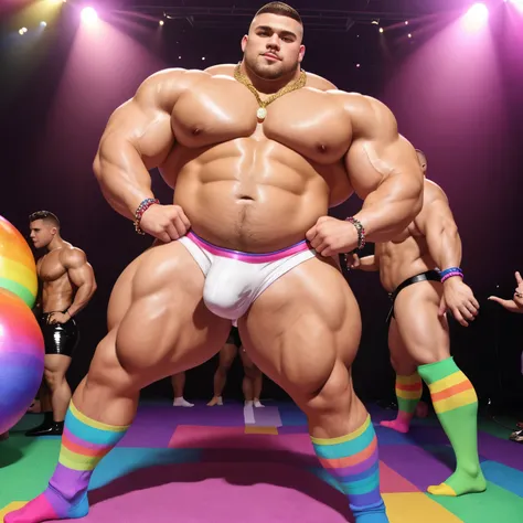 full view full body, the biggest heaviest hyper-massive overmuscular bodybuilded young white european effeminate guy with hype gay undercut haircut, lots of gay jewelery, shirtless showing off over-inflated and over-bloated huge pecs, double-biceps, legs, ...