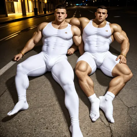 full view, full body, two over-muscular over-bodybuilded white european males with hyper-clean undercut haircuts, both wearing white lycra jumpsuits and white lycra socks, no shoes, and golden championship glittering crowns, golden rings, bracelets, chains...